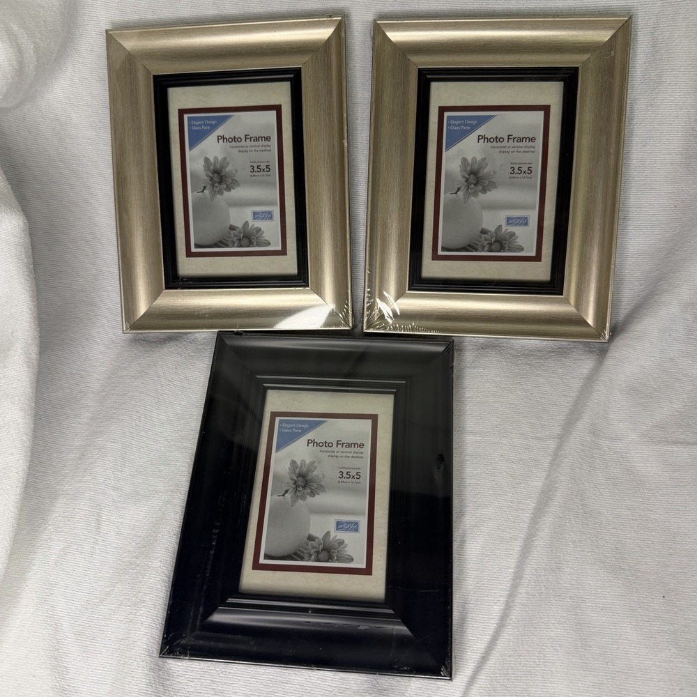 Set Of 3 3.5" X 5" Picture Frames - 2 Silver & 1 Black